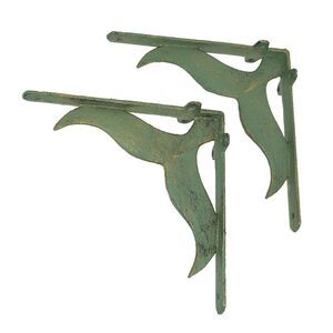 Set of 2 Cast Iron Verdigris Whale Tail Wall Bracket Shelf Decor